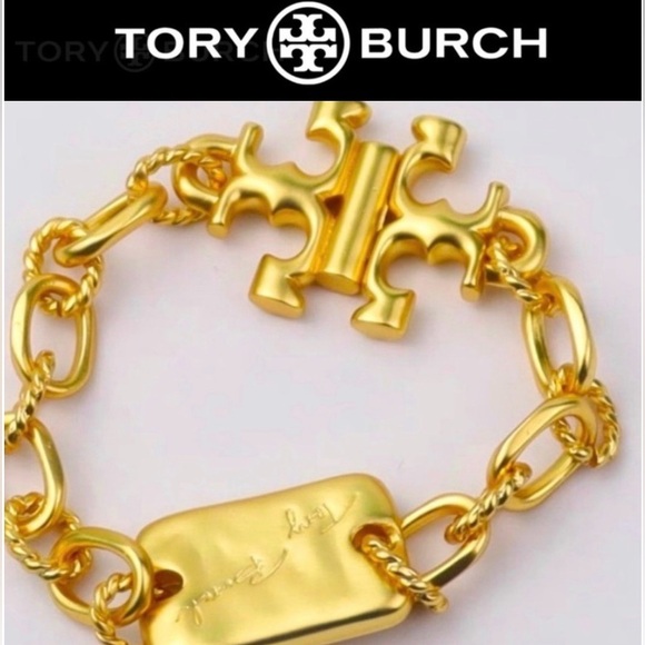 TORY BURCH 18K Gold Plated Brass Roxanne Bar Chain Chunky Logo Bracelet NWT